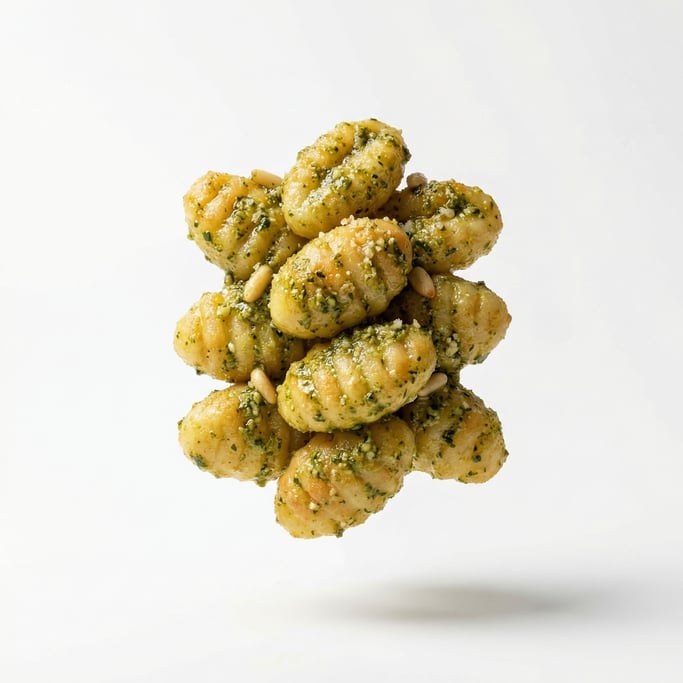 A stack of fluffy gnocchi with pesto sauce, floating in mid-air, perfectly centered and symmetrical