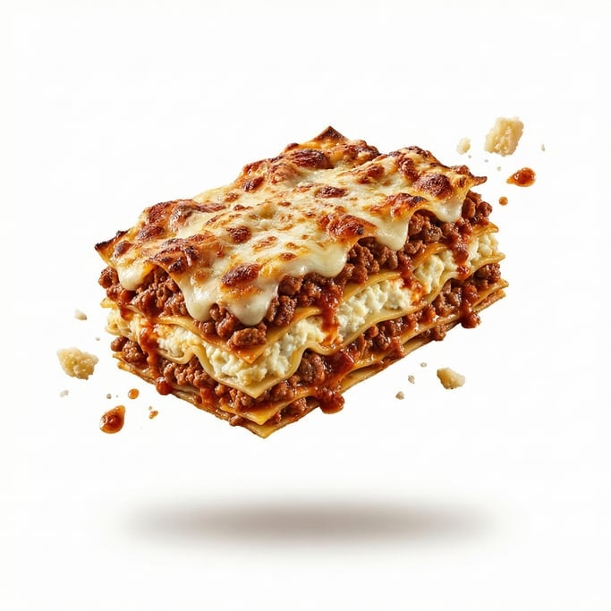 A thick slice of lasagna with layers of meat, cheese, and pasta visible