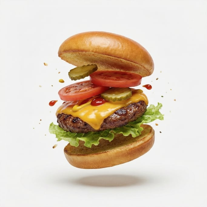 A loaded cheeseburger with lettuce, tomato, pickles, and melted cheddar, floating in mid-air