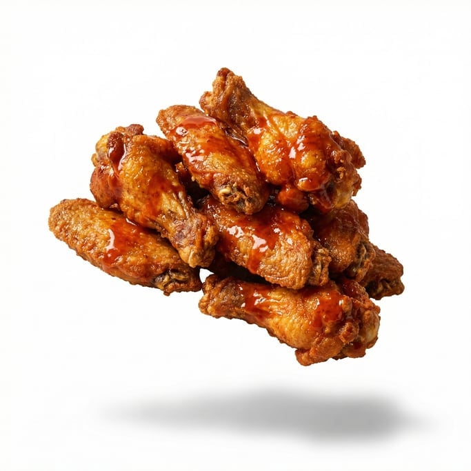 A stack of crispy golden chicken wings tossed in hot sauce, floating in mid-air at a slight angle