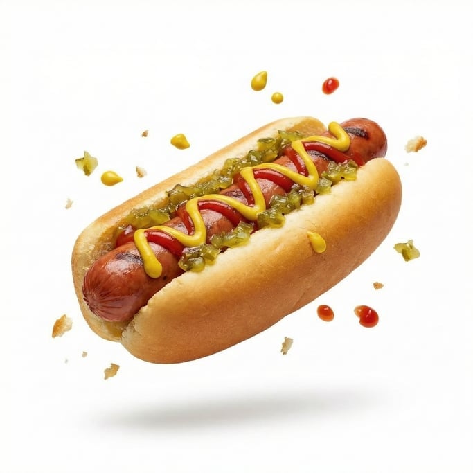 A classic hot dog with mustard, ketchup, and relish