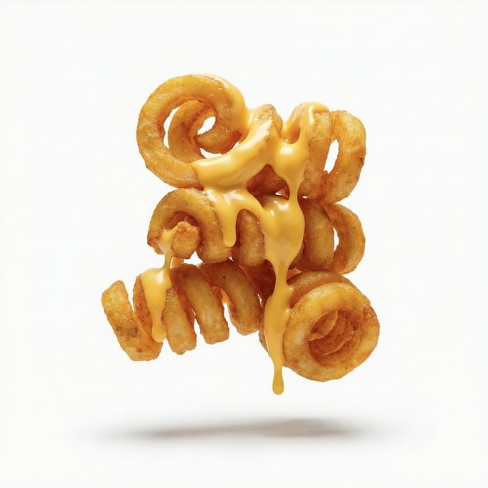A basket of curly fries with cheese sauce dripping