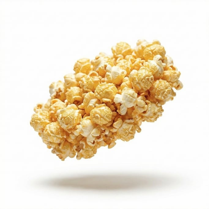 A pile of fluffy golden popcorn kernels, floating in mid-air at a slight angle