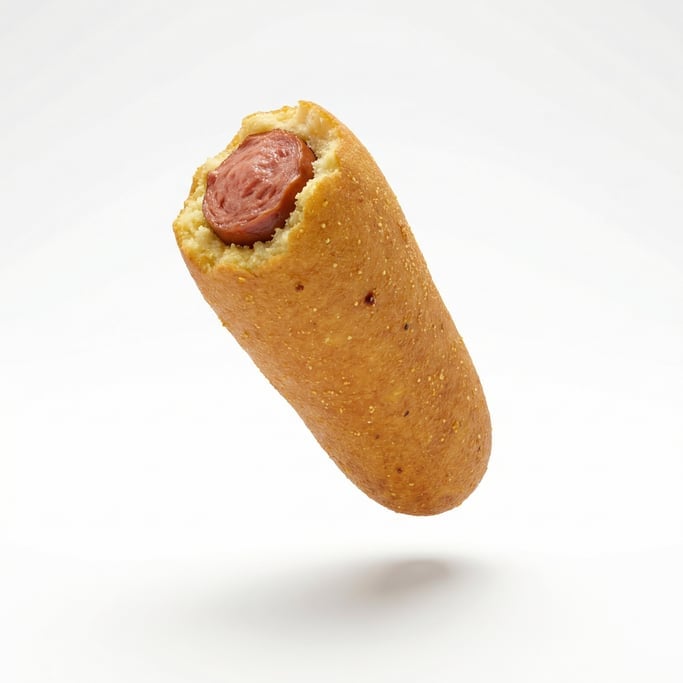 A corn dog with a bite taken out showing the sausage inside, floating in mid-air at a slight angle