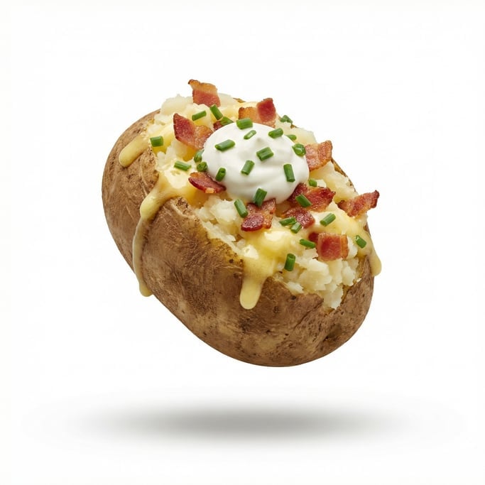 A loaded baked potato with sour cream, chives, bacon bits, and melted butter, floating in mid-air
