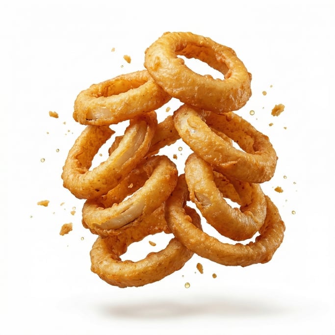 Crispy onion rings stacked in a tumbling pile