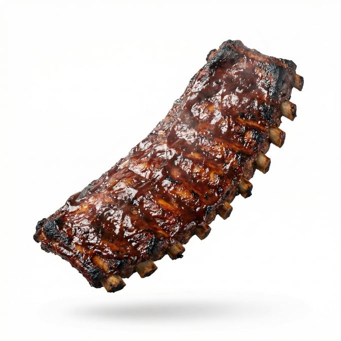 A rack of smoky BBQ ribs glazed in dark sauce, floating in mid-air
