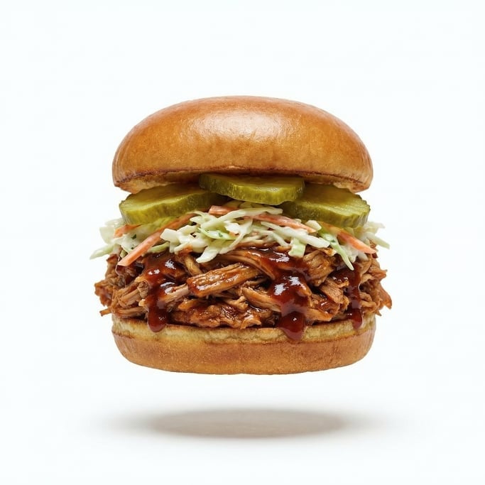 A pulled pork sandwich with coleslaw and pickles, floating in mid-air in a neat stacked arrangement