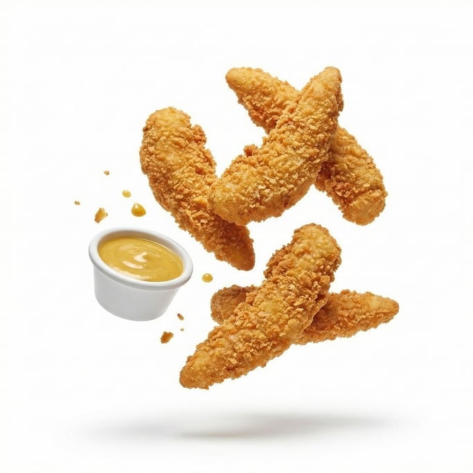 Crispy golden chicken tenders with a honey mustard dipping sauce cup