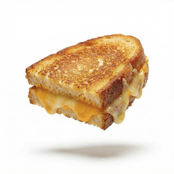 A thick grilled cheese sandwich with melted cheese oozing from the sides