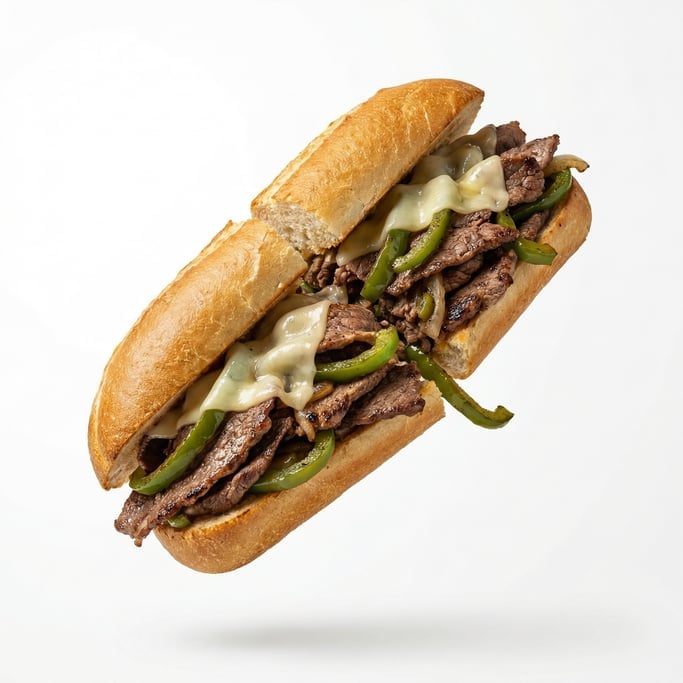 A Philly cheesesteak with melted provolone and peppers, floating in mid-air