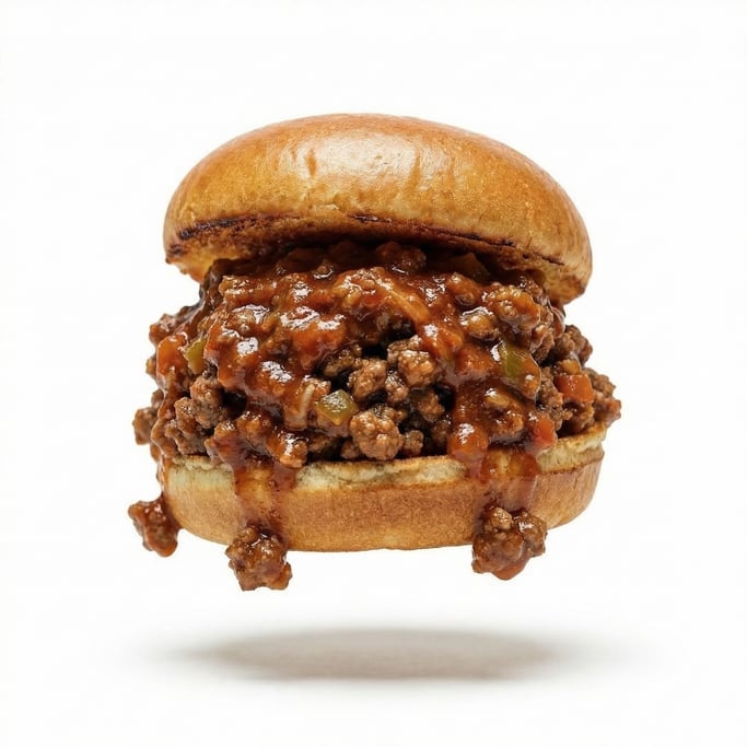 A sloppy joe with meat sauce spilling over the bun
