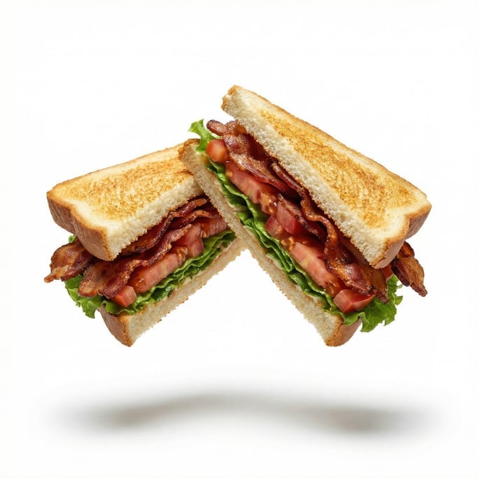 A BLT sandwich cut diagonally showing crispy bacon layers, floating in mid-air at a slight angle