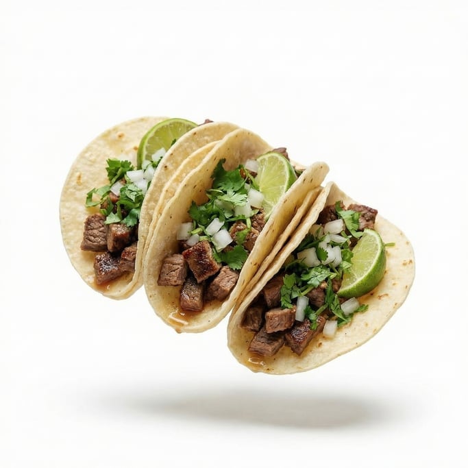 Three soft tacos with carne asada, cilantro, onion, and lime, floating in mid-air in a tight cluster