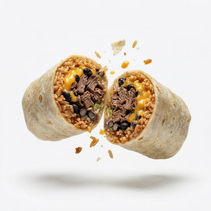 A burrito cut in half showing rice, beans, meat, and cheese inside