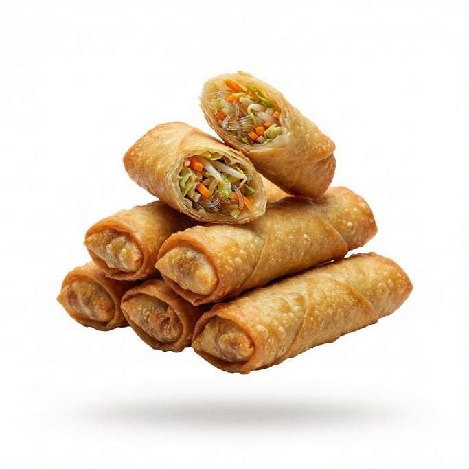 Crispy golden spring rolls with one cut open showing vegetable filling
