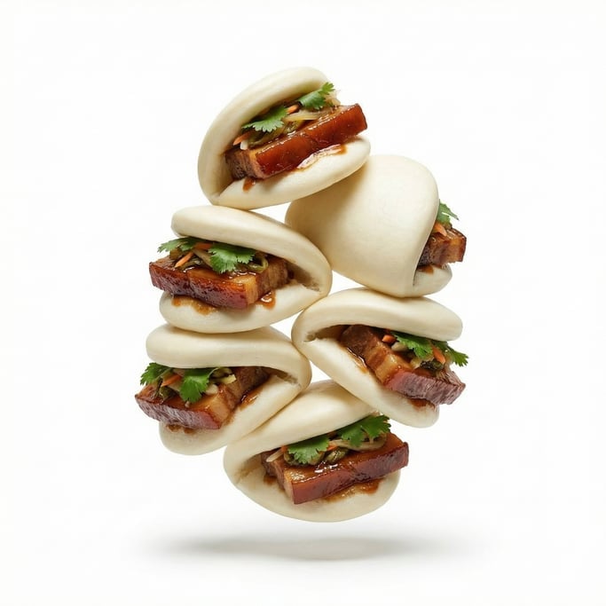 A stack of fluffy bao buns with pork belly filling, floating in mid-air