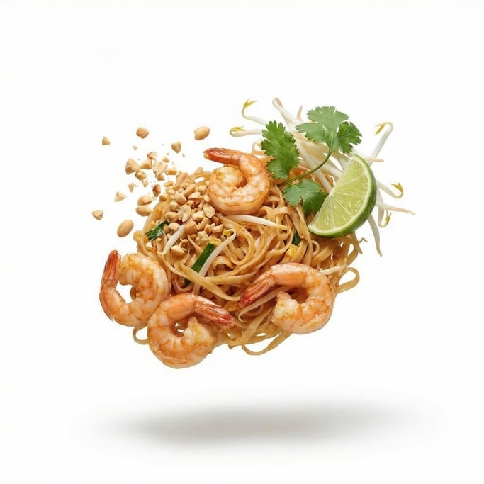 Pad thai noodles with shrimp, peanuts, and lime wedge, floating in mid-air at a slight angle