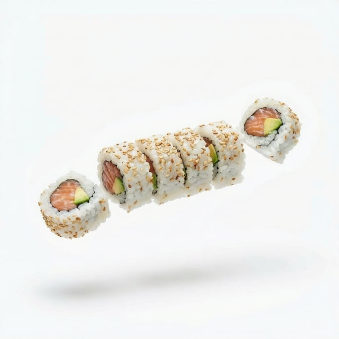 A row of fresh maki rolls with salmon, avocado, and sesame seeds, floating in mid-air