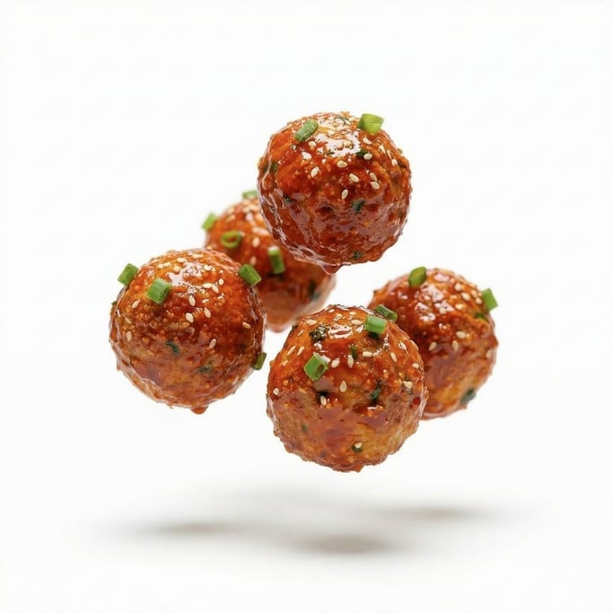 Korean fried chicken pieces glazed in gochujang sauce, floating in mid-air