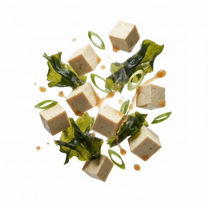 Miso soup with tofu cubes, wakame seaweed, and green onion, floating in mid-air