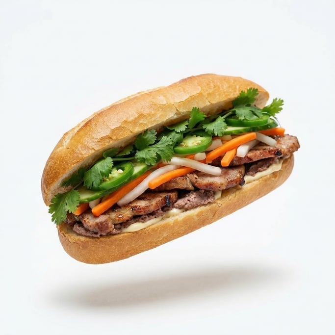 A Vietnamese banh mi sandwich with pickled vegetables and cilantro, floating in mid-air