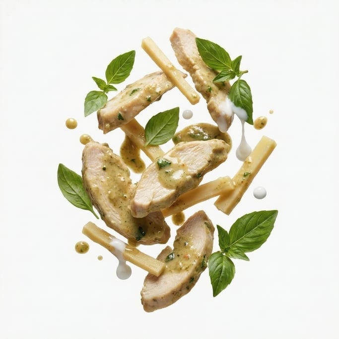 Thai green curry with chicken, bamboo shoots, and basil, floating in mid-air