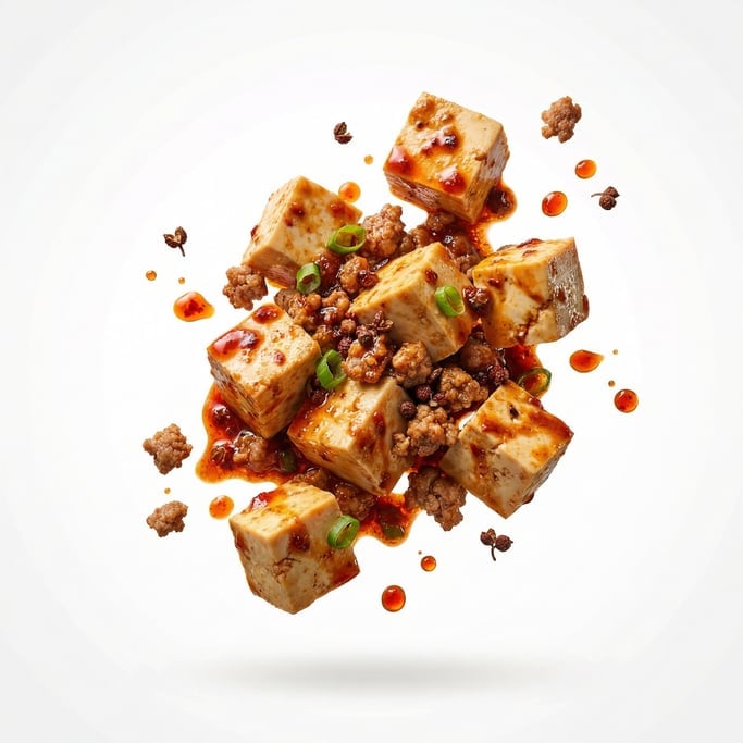Chinese mapo tofu with ground pork in spicy red sauce