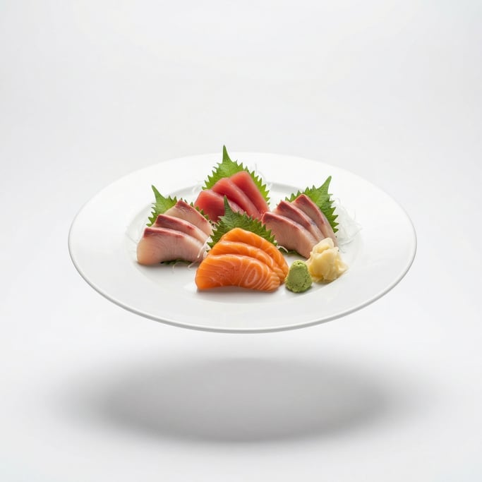 A plate of fresh sashimi — salmon, tuna, yellowtail, arranged beautifully, floating in mid-air