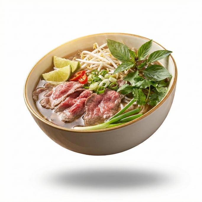 A bowl of pho with beef slices, bean sprouts, and fresh herbs