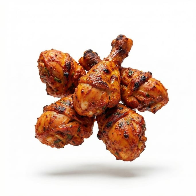 A plate of colorful tandoori chicken pieces, floating in mid-air in a tight cluster