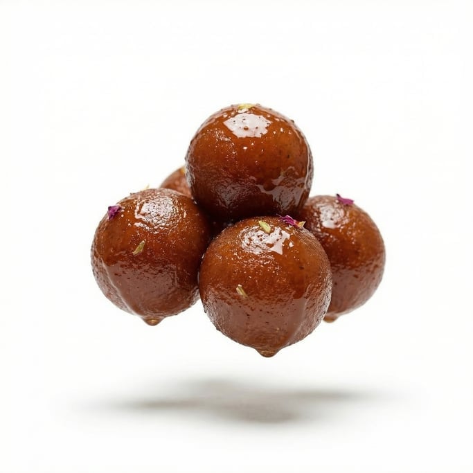 Gulab jamun dessert balls soaked in rose syrup, floating in mid-air at a slight angle