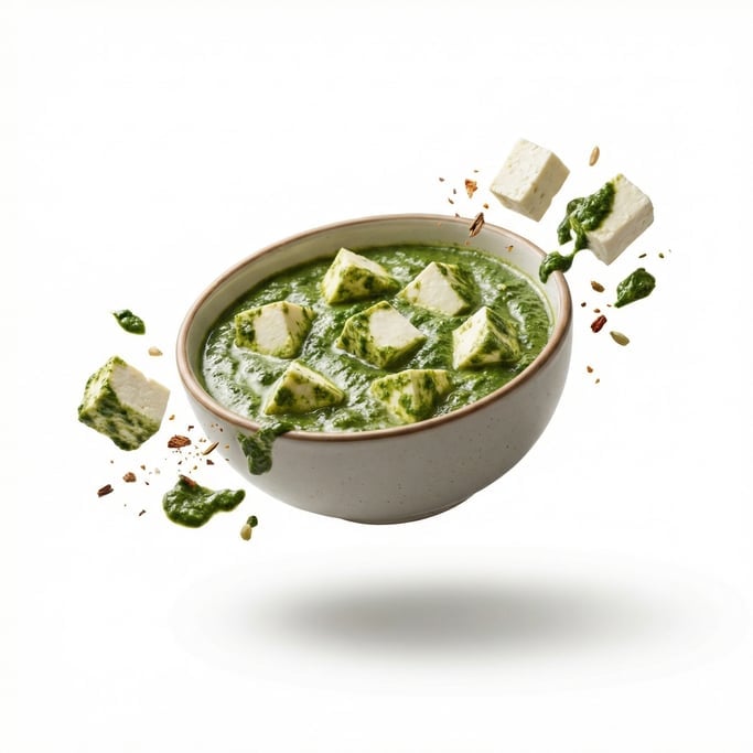 A bowl of palak paneer with chunks of white cheese in green spinach sauce, floating in mid-air