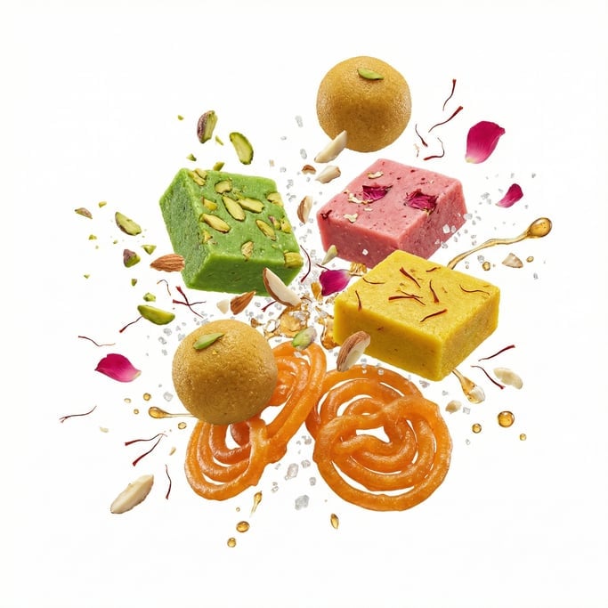 A plate of colorful Indian sweets — barfi, ladoo, and jalebi