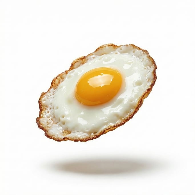 A perfectly fried sunny-side-up egg with runny golden yolk, floating in mid-air at a slight angle