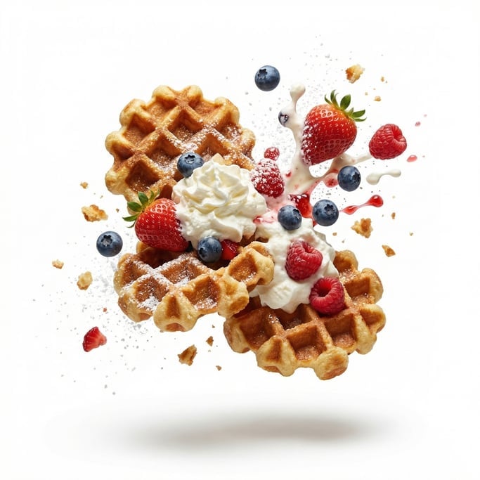Crispy golden waffles with whipped cream and fresh berries