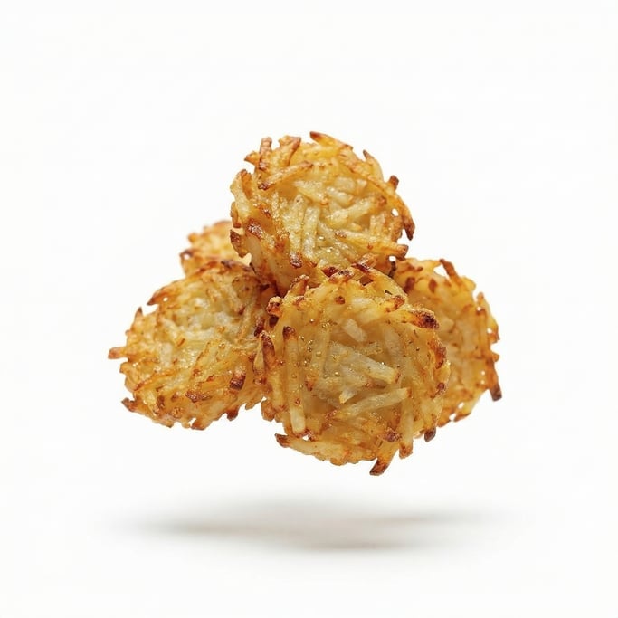 Golden hash browns, crispy and shredded, floating in mid-air, tumbling naturally as if just tossed