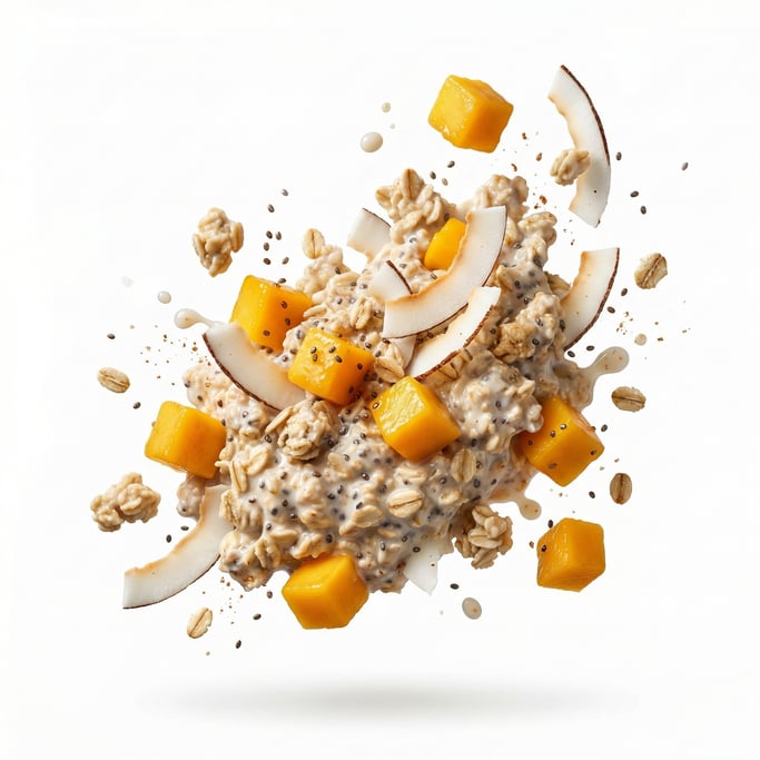 Overnight oats with chia seeds, mango, and coconut flakes