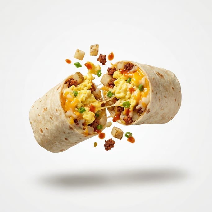 A breakfast burrito cut in half showing scrambled eggs and cheese