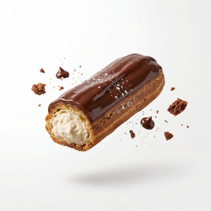 A chocolate éclair with glossy ganache and cream filling