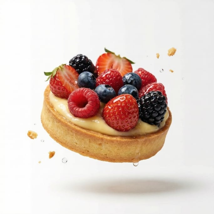 A fruit tart with pastry cream and arranged fresh berries