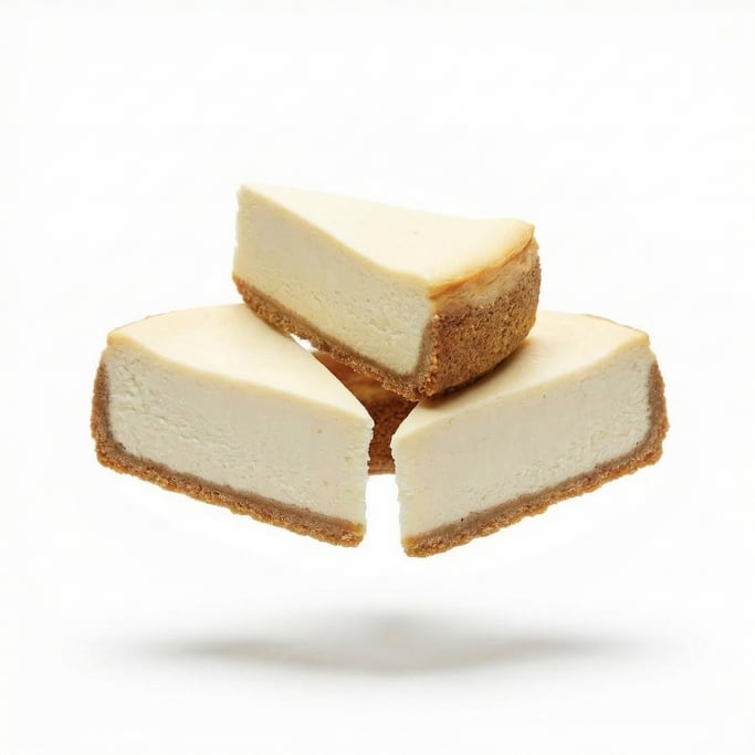 A slice of New York cheesecake with a graham cracker crust, floating in mid-air in a tight cluster