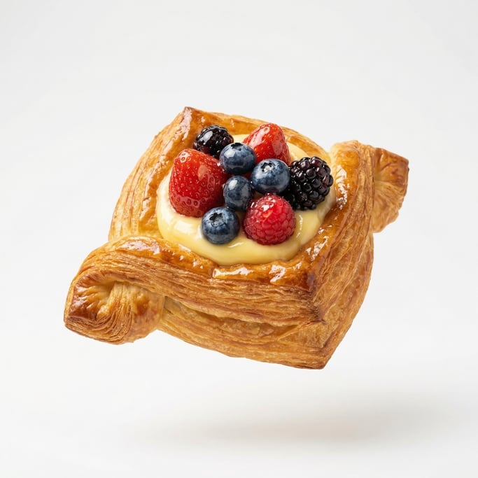 A danish pastry with custard cream and fresh fruit, floating in mid-air