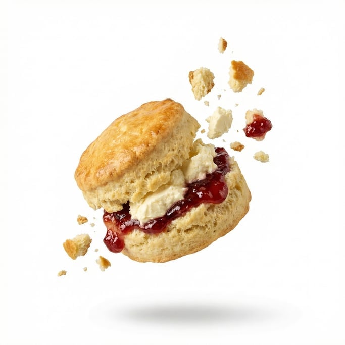 A scone with clotted cream and strawberry jam, floating in mid-air