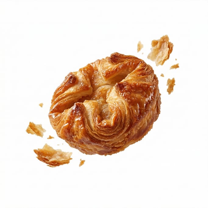 A kouign-amann pastry with caramelized sugar layers, floating in mid-air