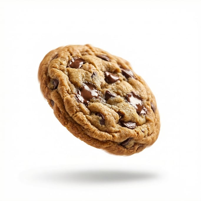 A fresh chocolate chip cookie with gooey melted chips, floating in mid-air