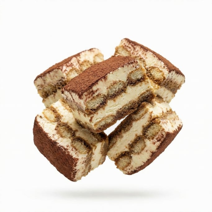A slice of tiramisu showing the layered mascarpone and coffee-soaked ladyfingers