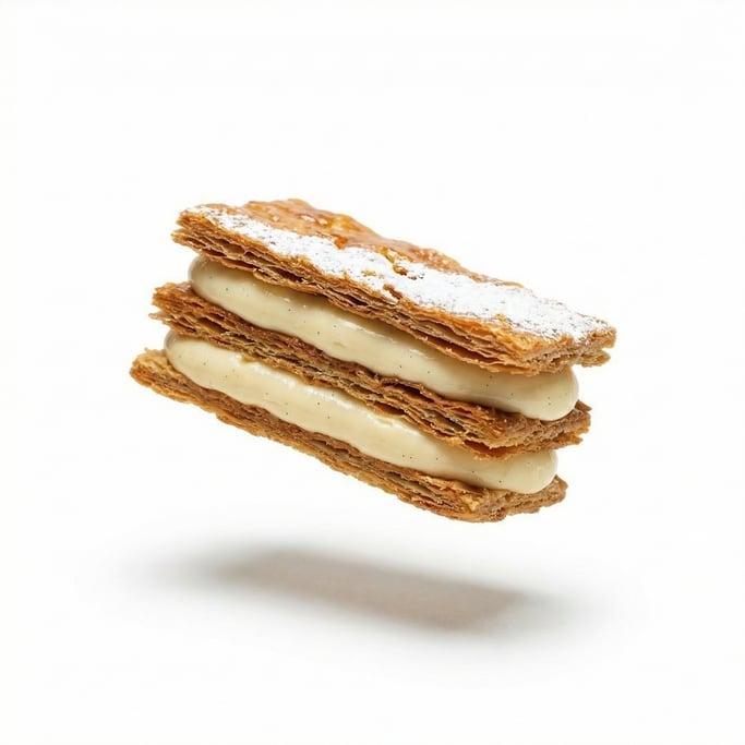 A mille-feuille with crispy puff pastry and vanilla cream layers
