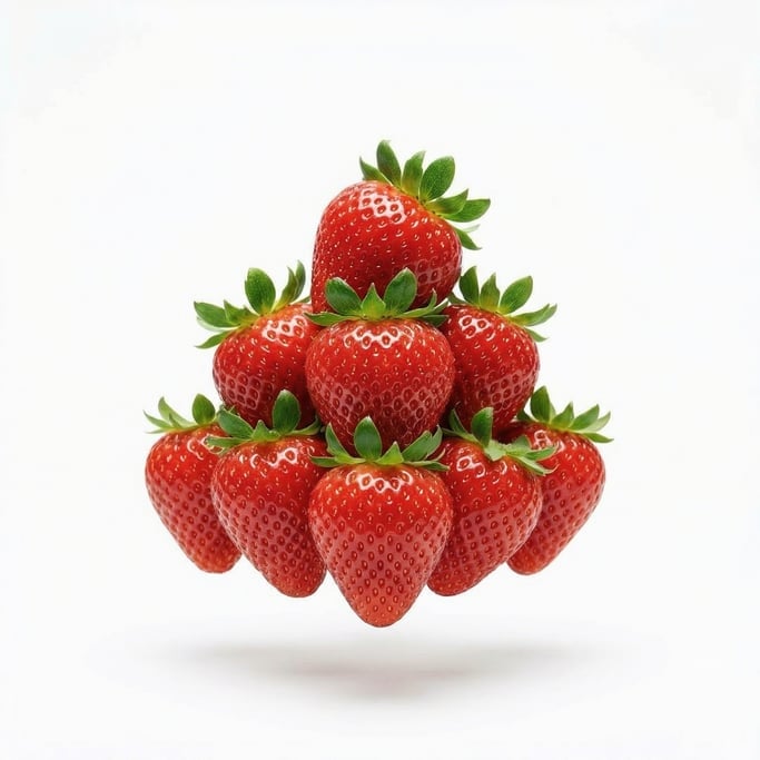 A pile of fresh ripe strawberries with green leaves