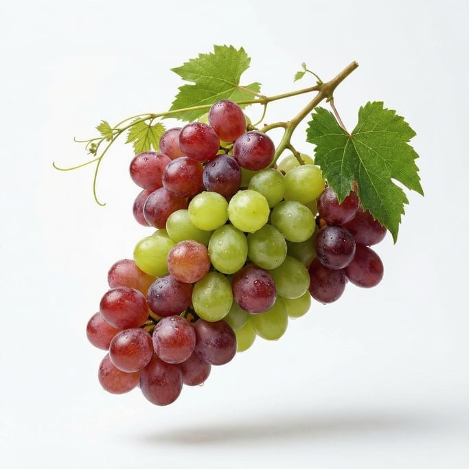 A cluster of green and red grapes with a vine still attached